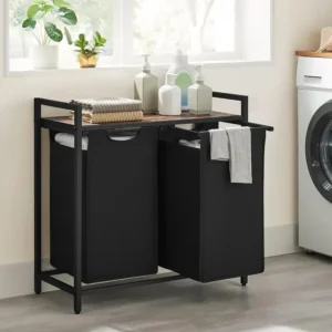 SONGMICSHOME Wäschekorb 2 Fächer, Wäschesammler mit Ablage, Wäschebox, Wäschesack aus Oxford-Gewebe ausziehbar abnehmbar, Metallrahmen, 2 x 46 L, 73 x 33 x 72 cm