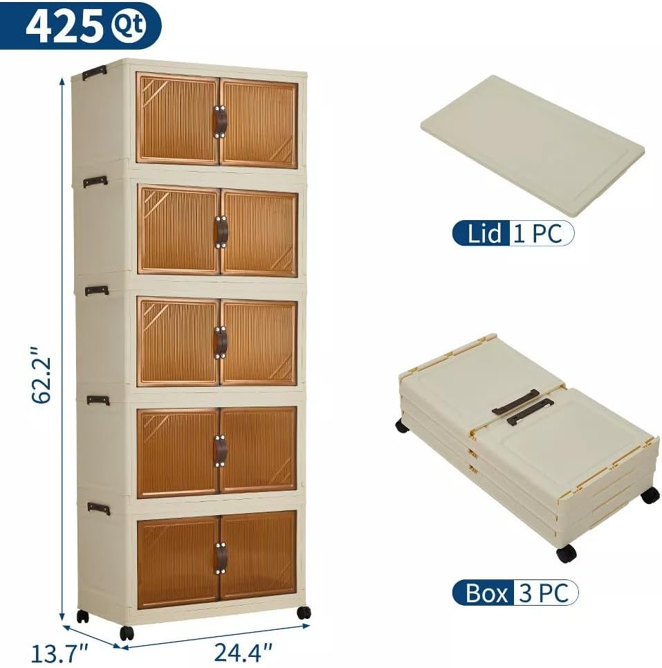 Faltbarer Aufbewahrungsschrank, mehrlagige Aufbewahrungsbox, keine Bohrung zur Installation erforderlich, mit Rollen und staubdichten Magnet-Doppeltüren, wählbar mit 3 oder 5 Ebenen, frei kombinierbar, geeignet für Schlafzimmer, Küche und Wohnzimmer - Image 4