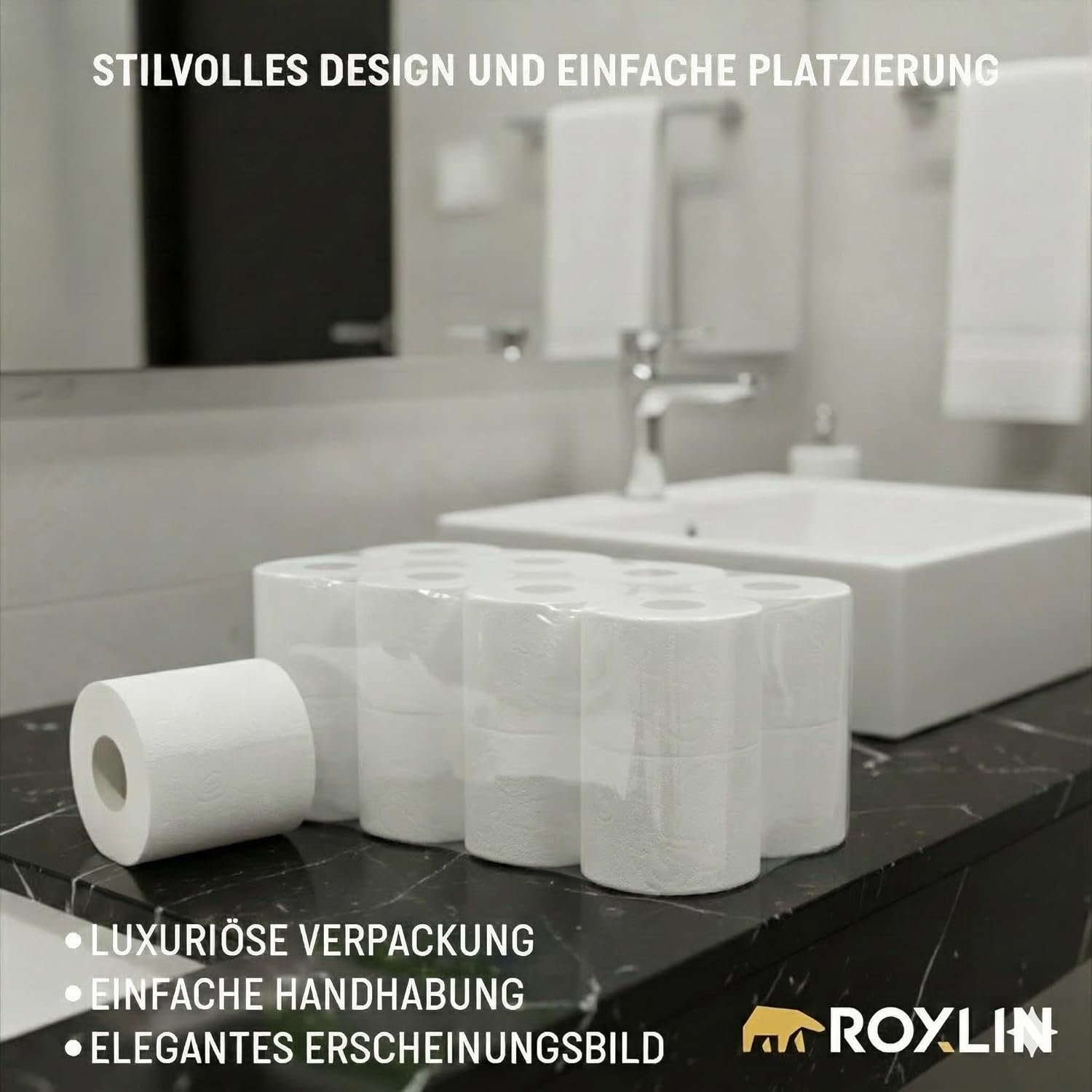 Roxlin Toilettenpapier 3-lagig 9,2 × 11,2 cm 150 Blätter pro Rolle 100% Zellulose Weiß 47 g/m² - Image 5