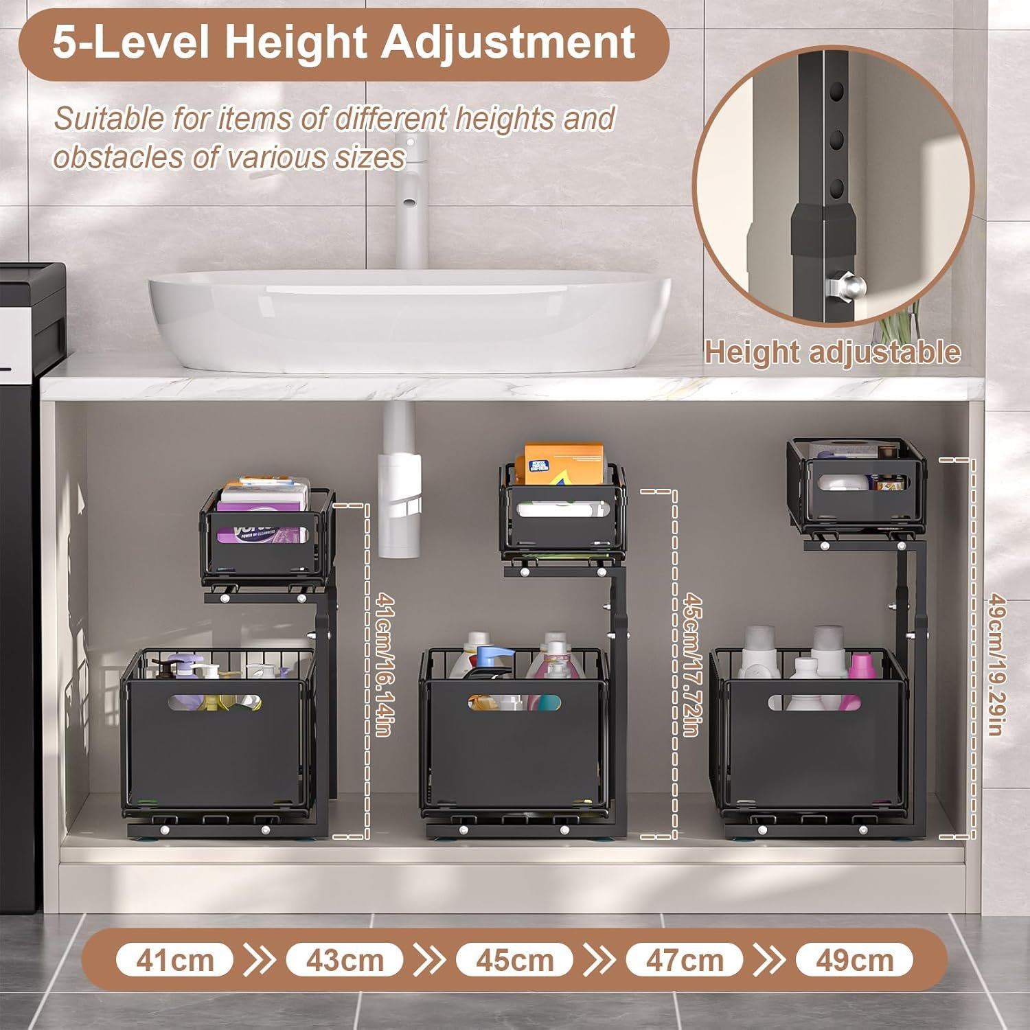 2 Etagen Unter Waschbecken Regal Metall Unterschrank Organizer Spülschrank Regal für Küche Badezimmer Schrank Küchen Organizer Gewürzregal Höhenverstellbar - Image 4